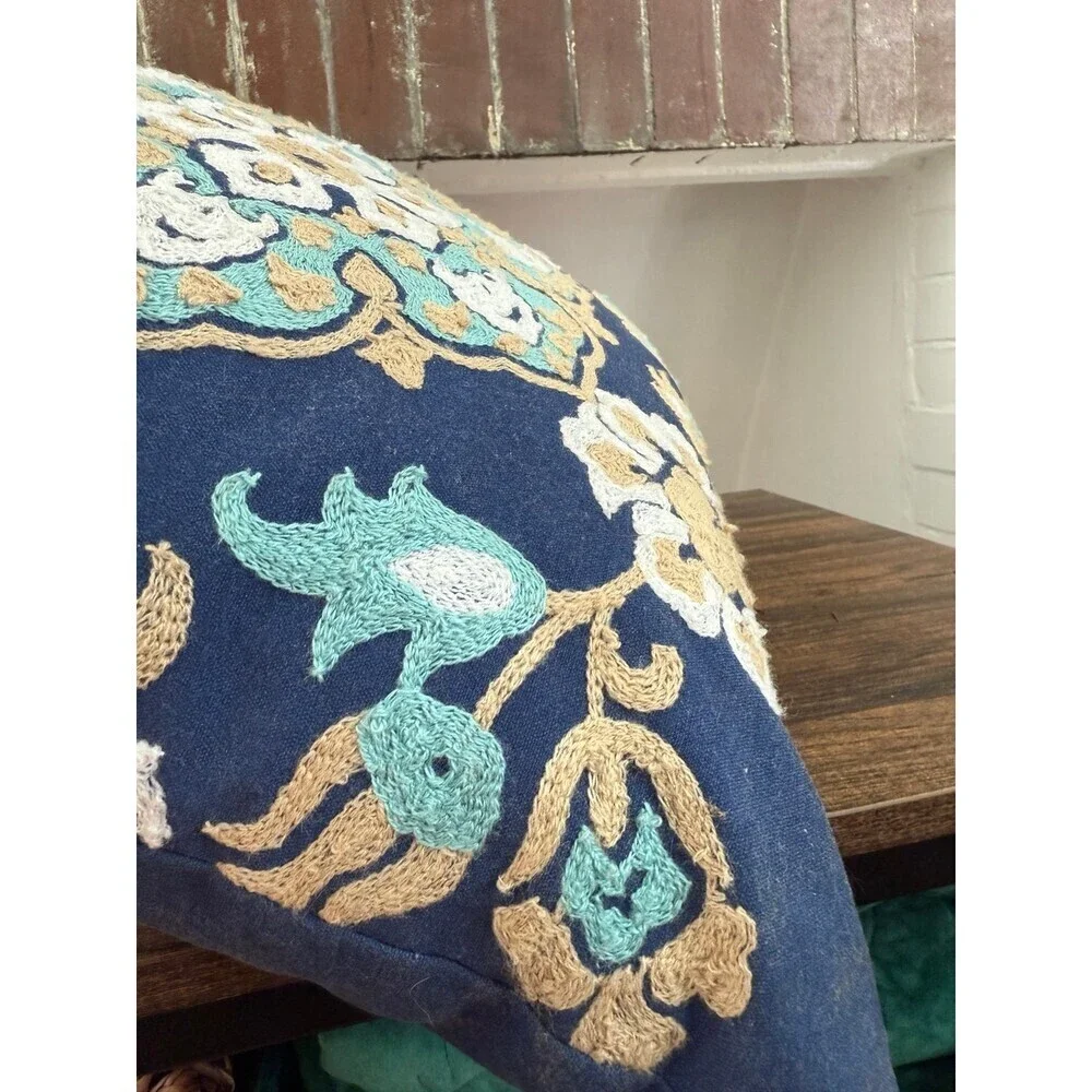 Blue floral embroidered, throw pillow